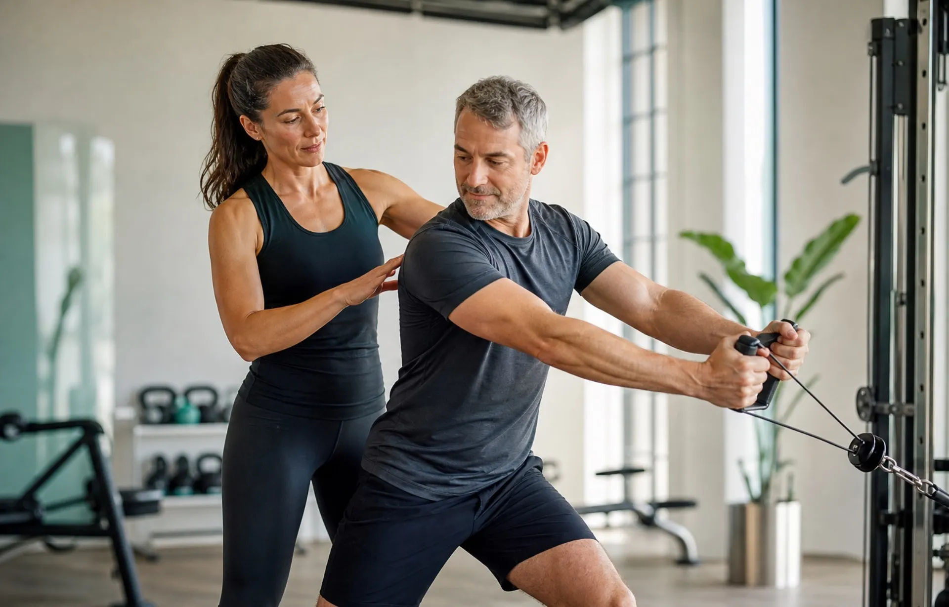 Ein Personal Trainer begleitet eine Kundin bei einer Trainingsübung