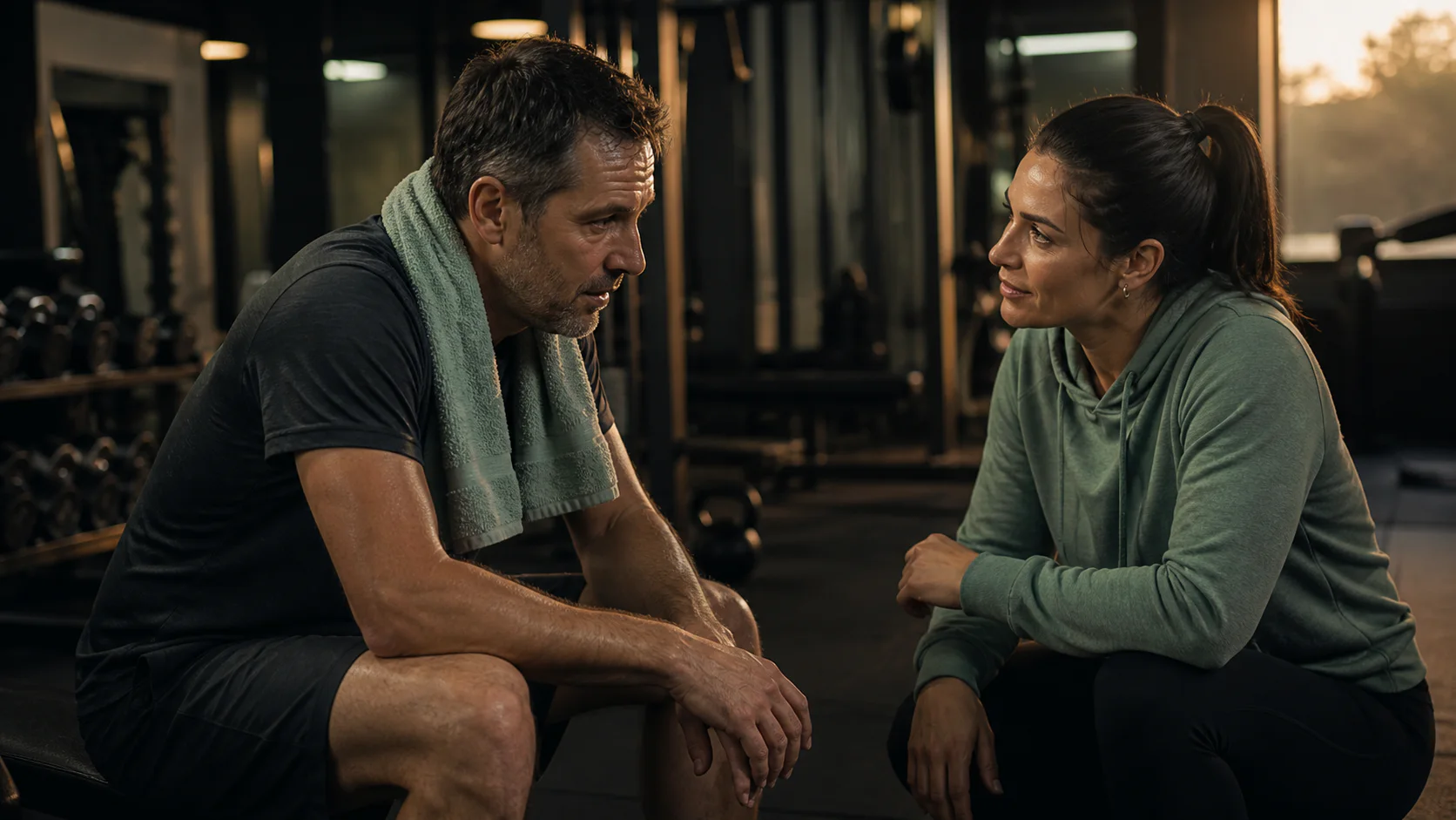 Eine Trainerin spricht nach dem Training aufmerksam mit einem Sportler