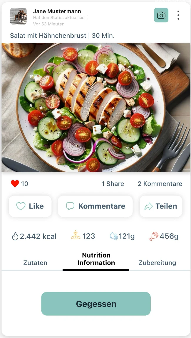 Geteilte Mahlzeit mit Nährwerten und Mealbook-Funktion in der Fitness Nation App