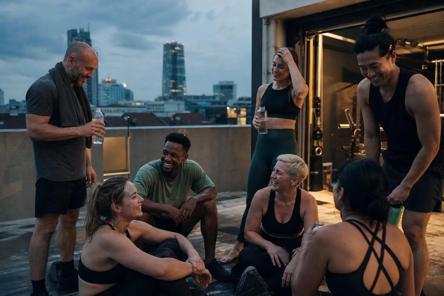 Eine vielfältige Sport-Community teilt nach dem Training einen ehrlichen ungefilterten Moment auf einer Dachterrasse