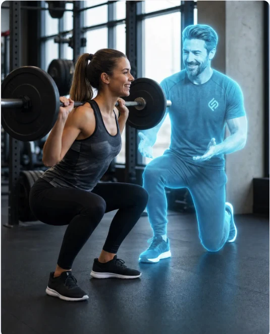 Eine Sportlerin trainiert mit ihrem holografisch dargestellten KI-Companion als Smart Coach